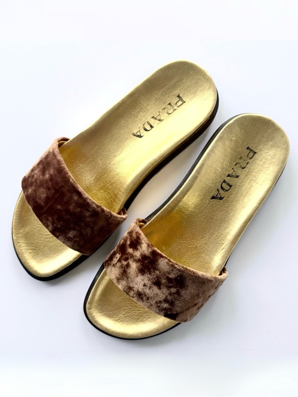 Prada Velvet Slide Sandals in Brown & Gold Size 36 - Picture 3 of 15